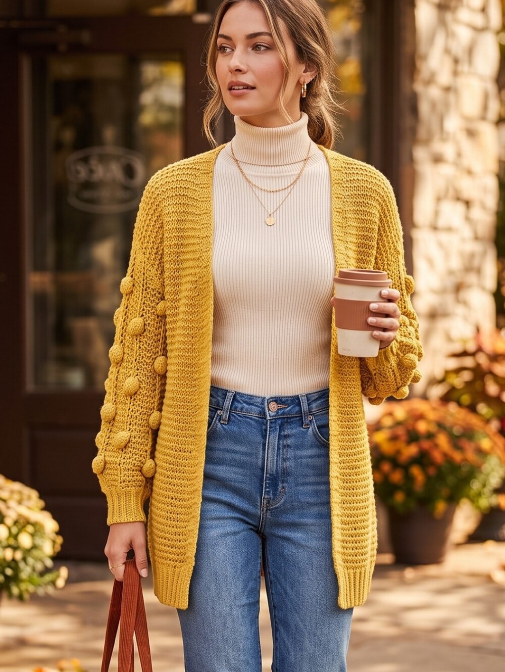 Umgee Chunky Knit Bobble Pom Pom Cardigan Sweater Boho Cottagecore Craftcore